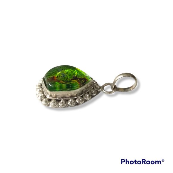 Green Art Glass Stone Pendant Teardrop In Sterling Silver - Picture 4 of 5